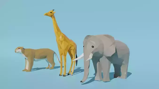 African animals Low Poly Cartoon Giraffe Elephant Lion 3D model