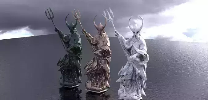 Poseidon 3D model three statues with horns and spears 3D model