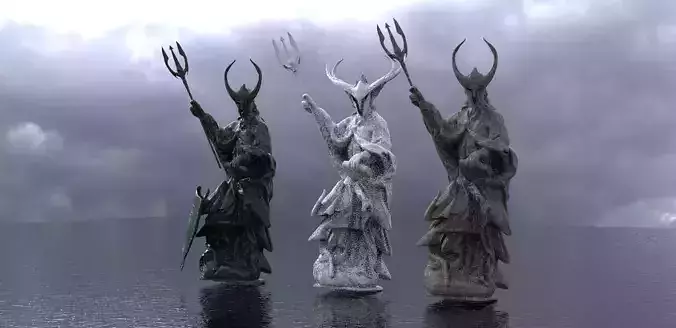 Poseidon statues with different helmets 