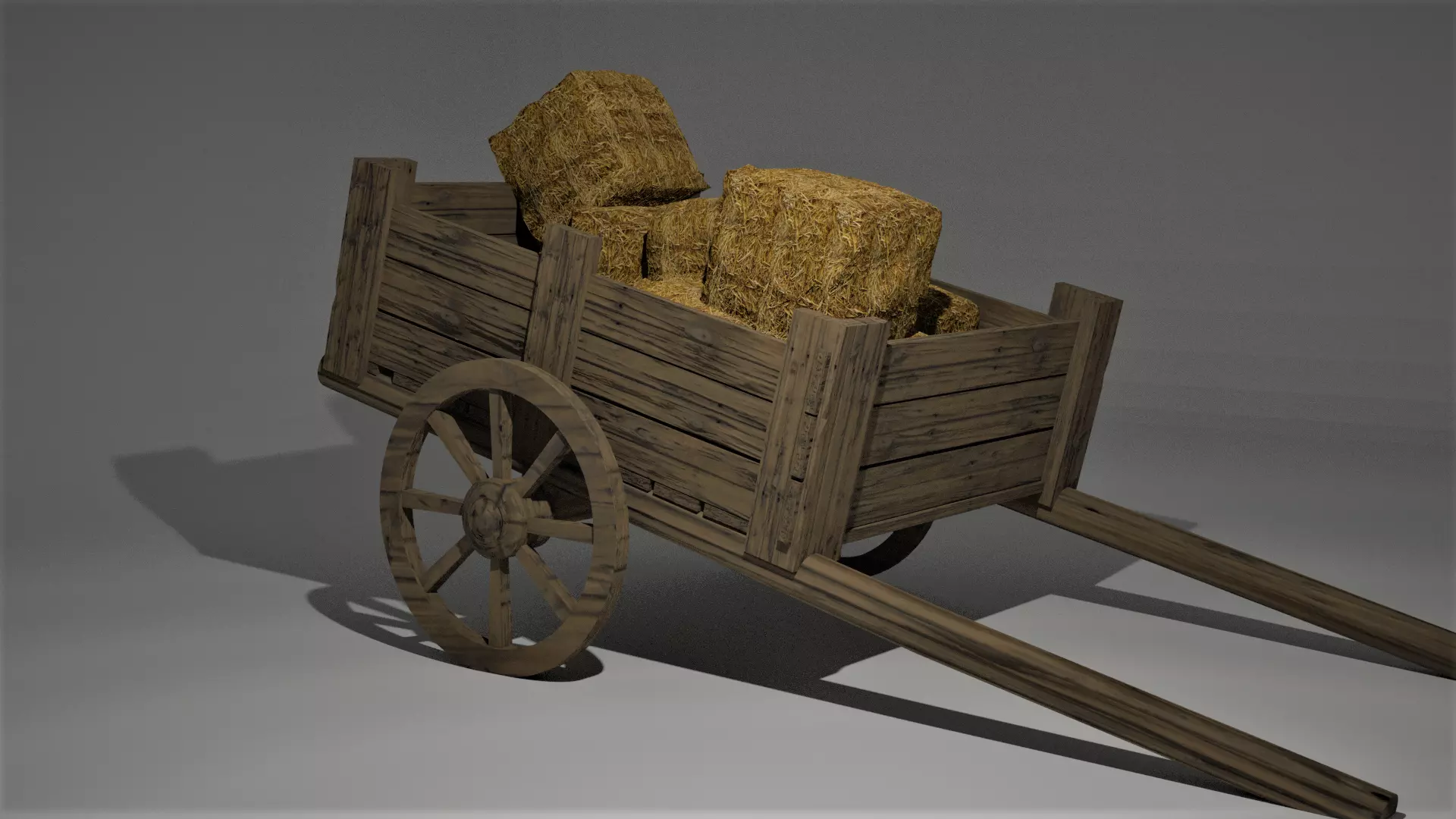 Low Poly Cart wooden wagon with bales of hay Low-poly 3D model_0