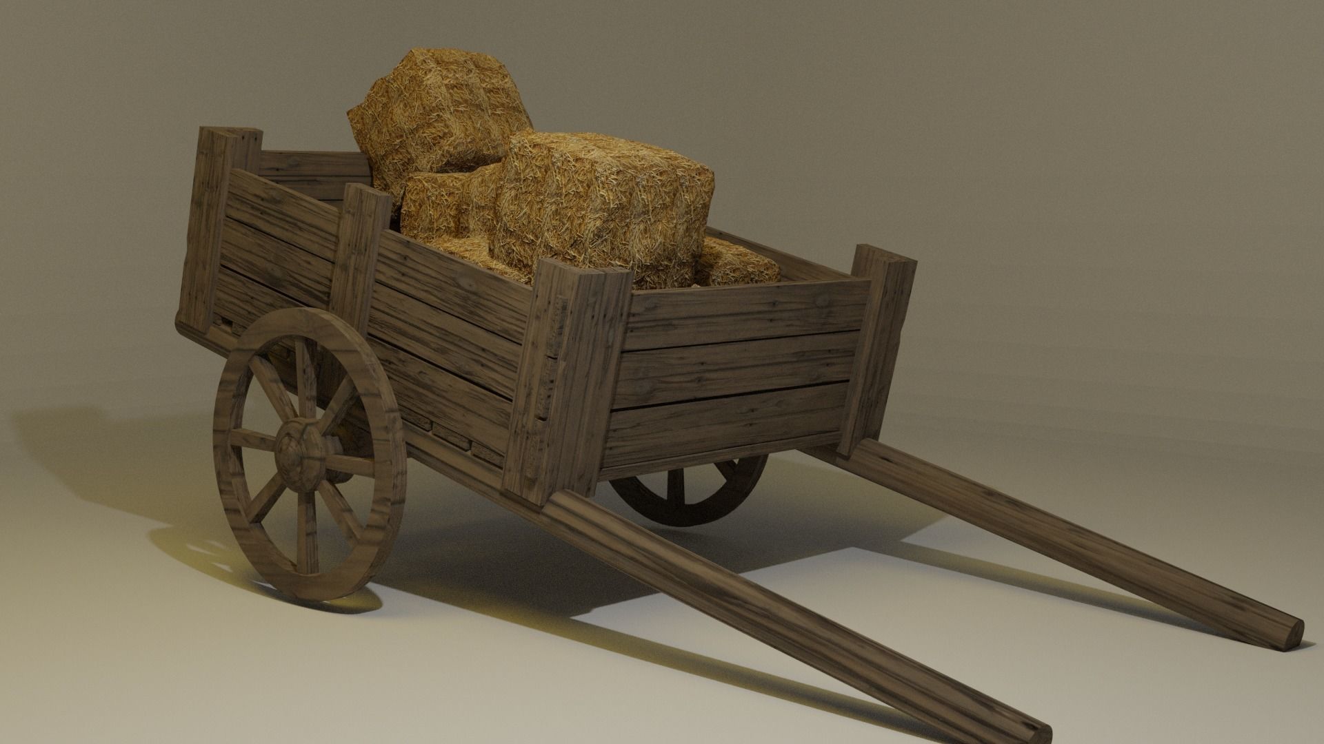 Low Poly Cart wooden wagon with bales of hay Low-poly 3D model_2