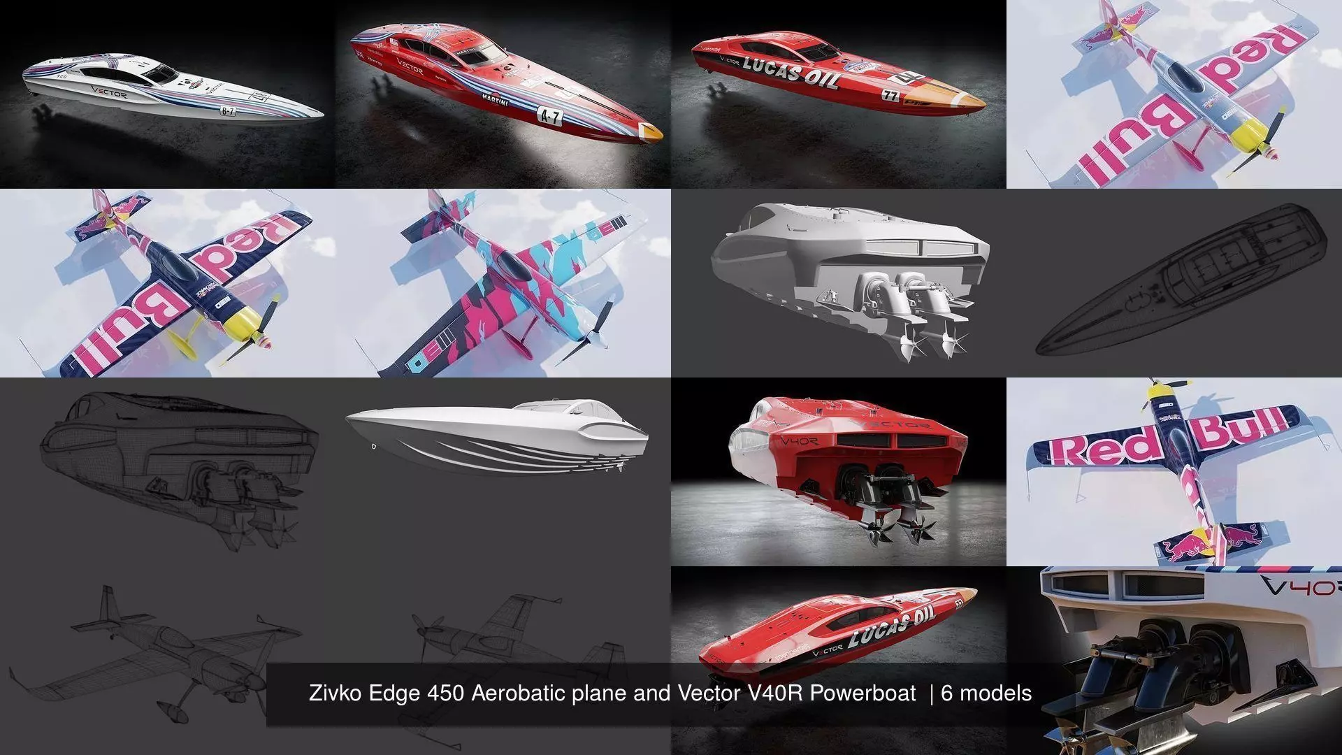 Zivko Edge 450 Aerobatic plane and Vector V40R Powerboat  3D Model Collection_0