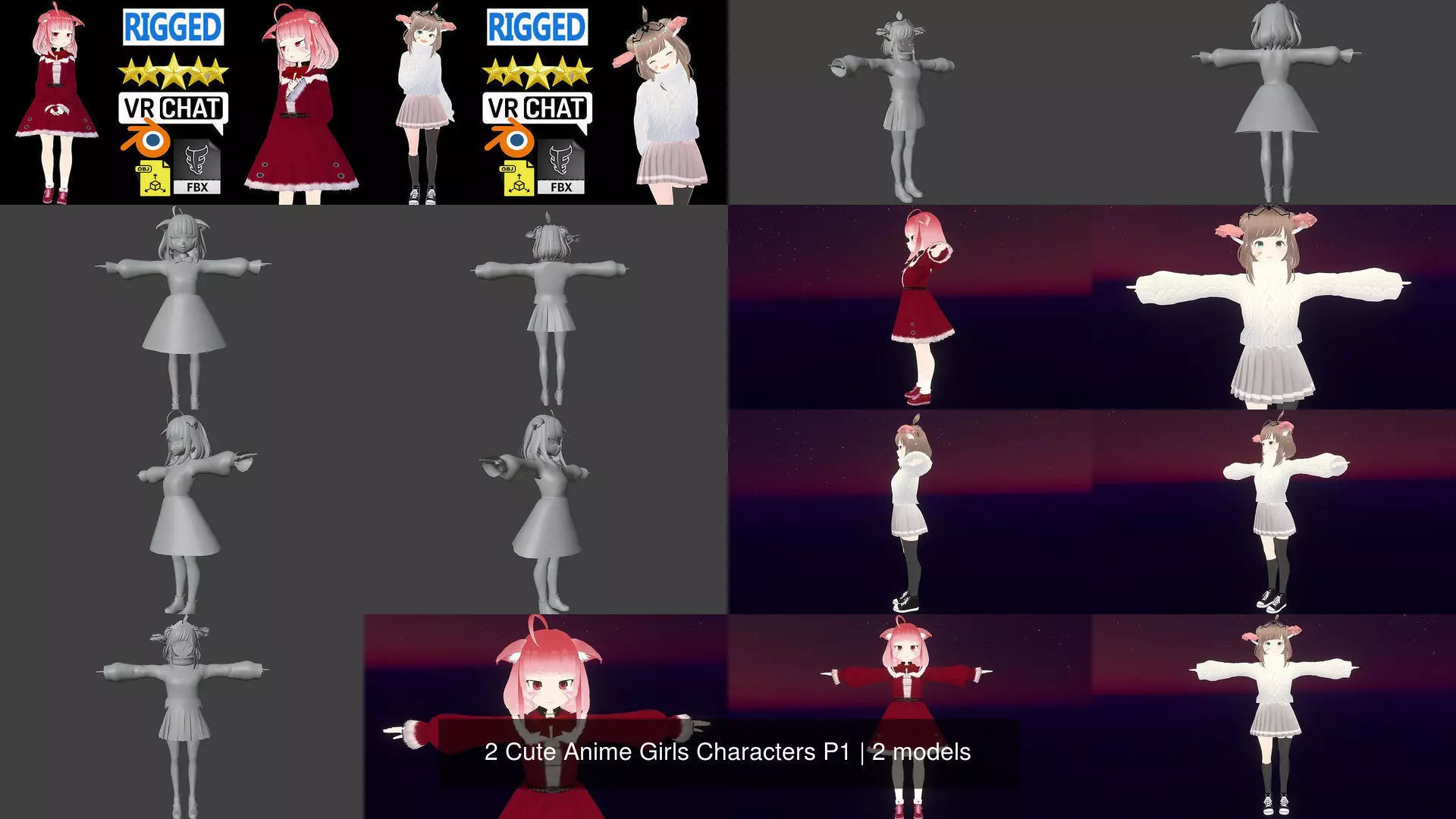 2 Cute Anime Girls Characters P1 3D Model Collection_1