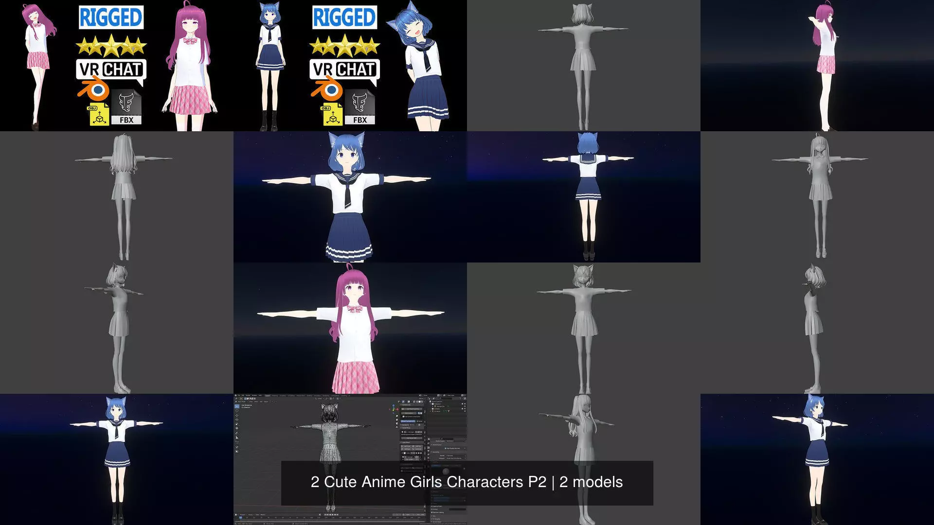 2 Cute Anime Girls Characters P2 3D Model Collection_1
