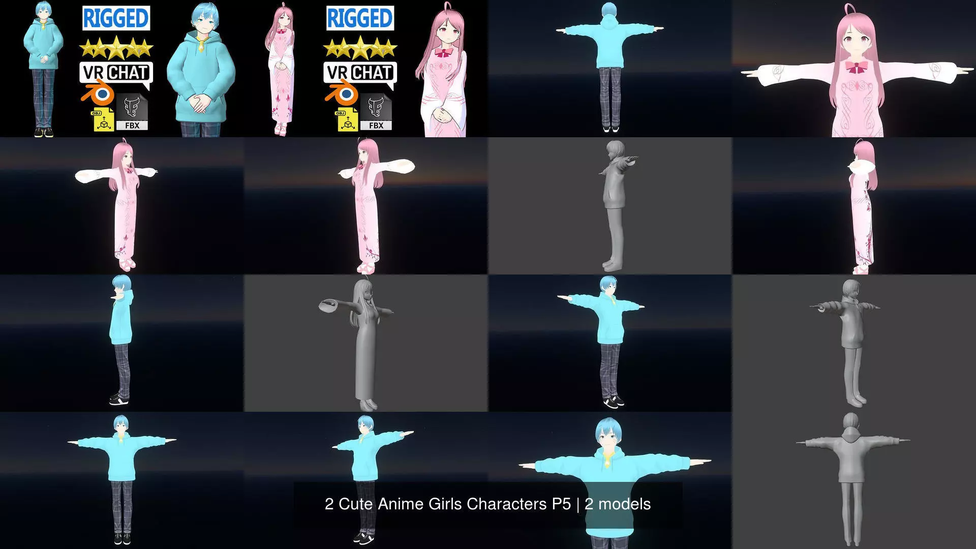 2 Cute Anime Girls Characters P5 3D Model Collection_1