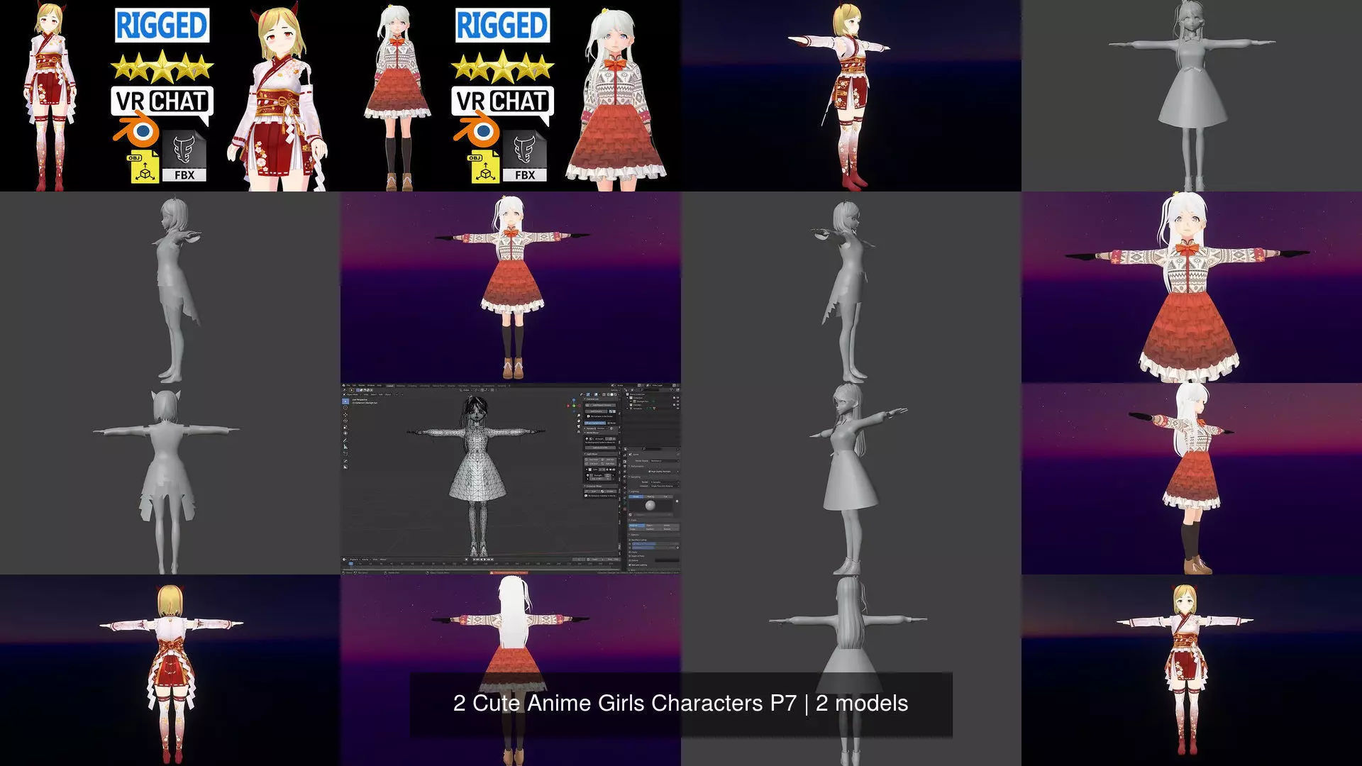 2 Cute Anime Girls Characters P7 3D Model Collection_1