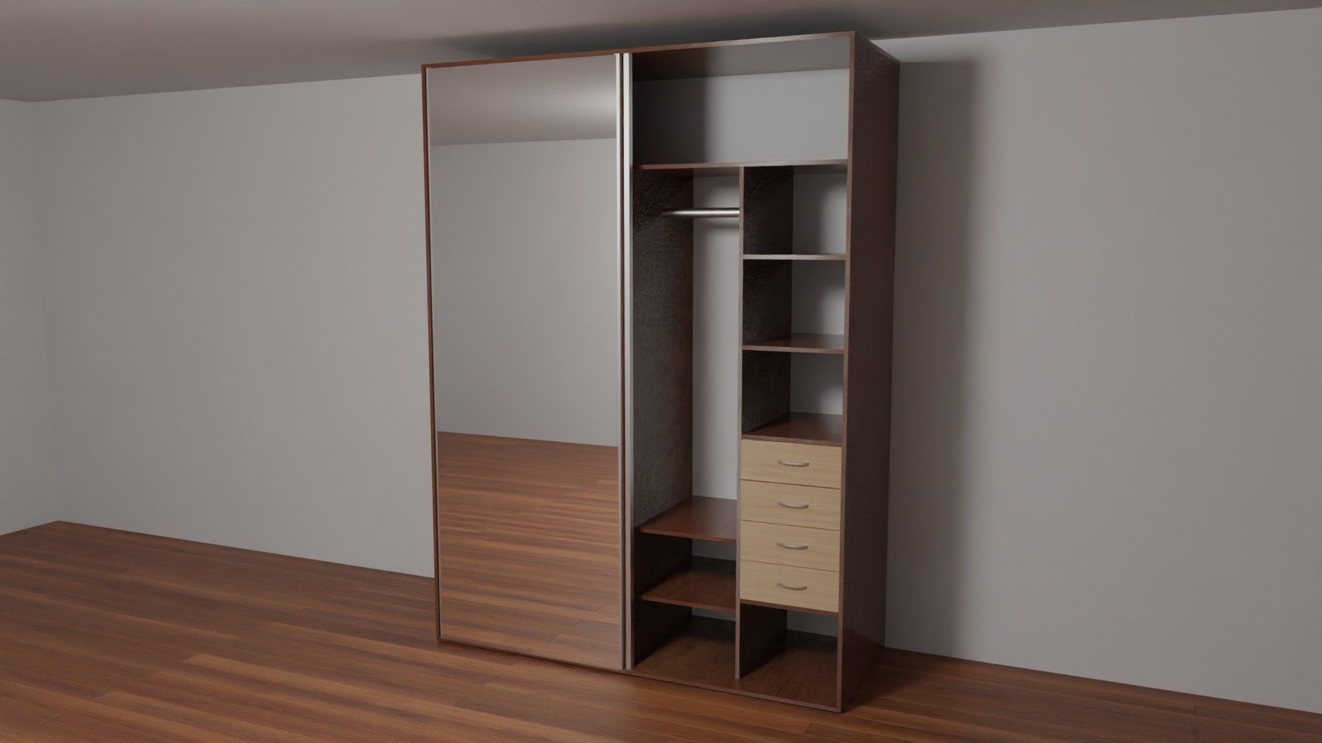 Wardrobe with shelves and mirror Low-poly 3D model_3