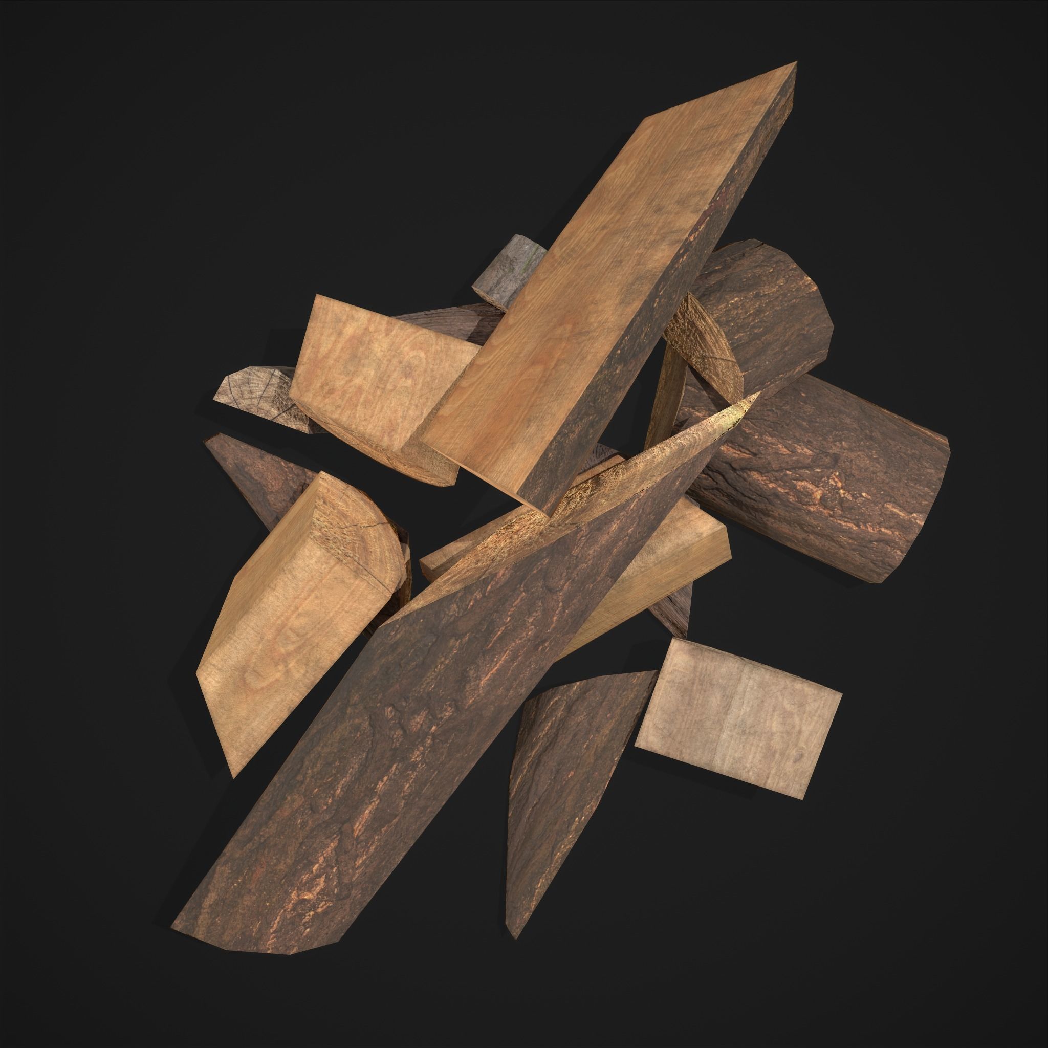 Wood Chunks Pile Low-poly 3D model_7