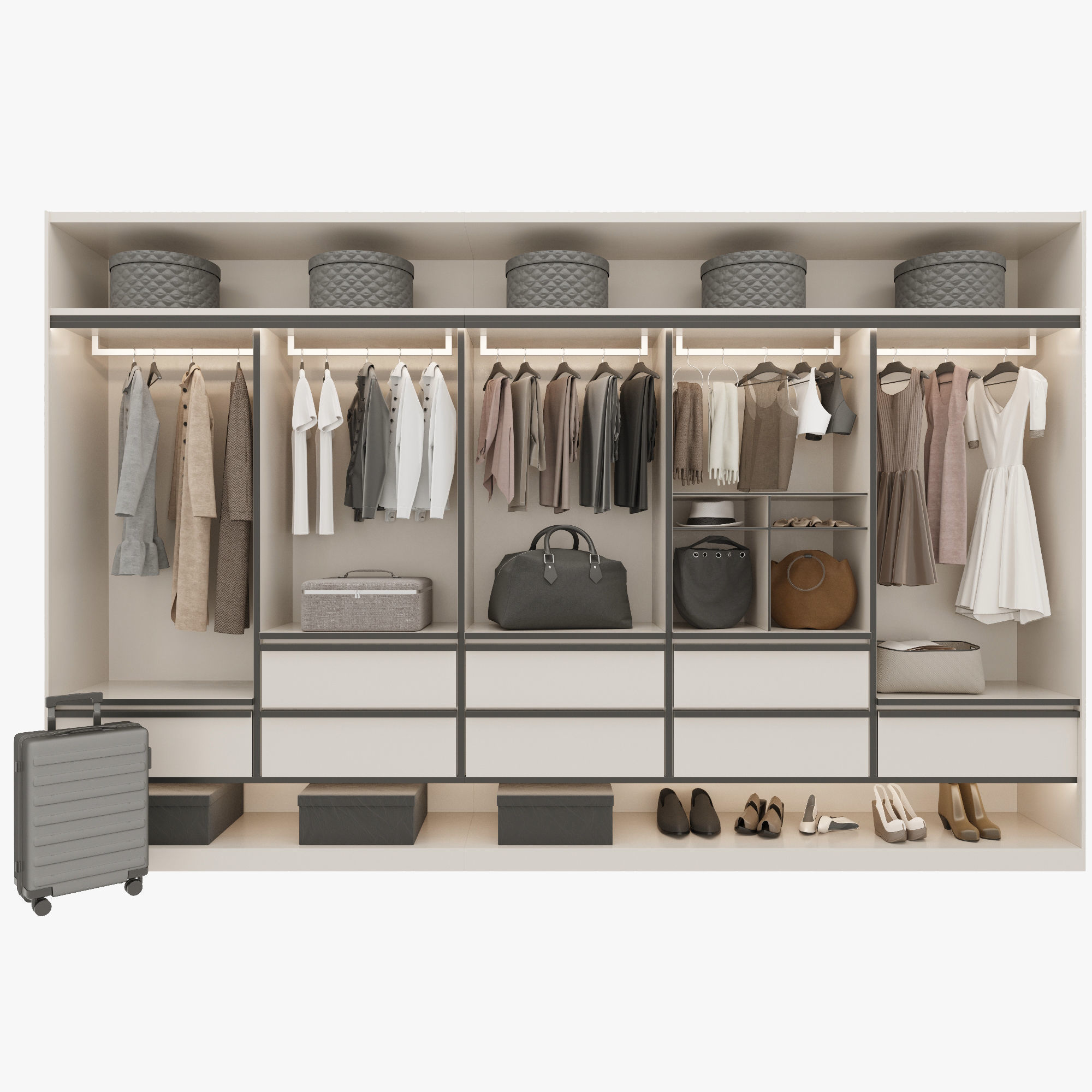 Wardrobe closet with clothes and luggage 3D model_5