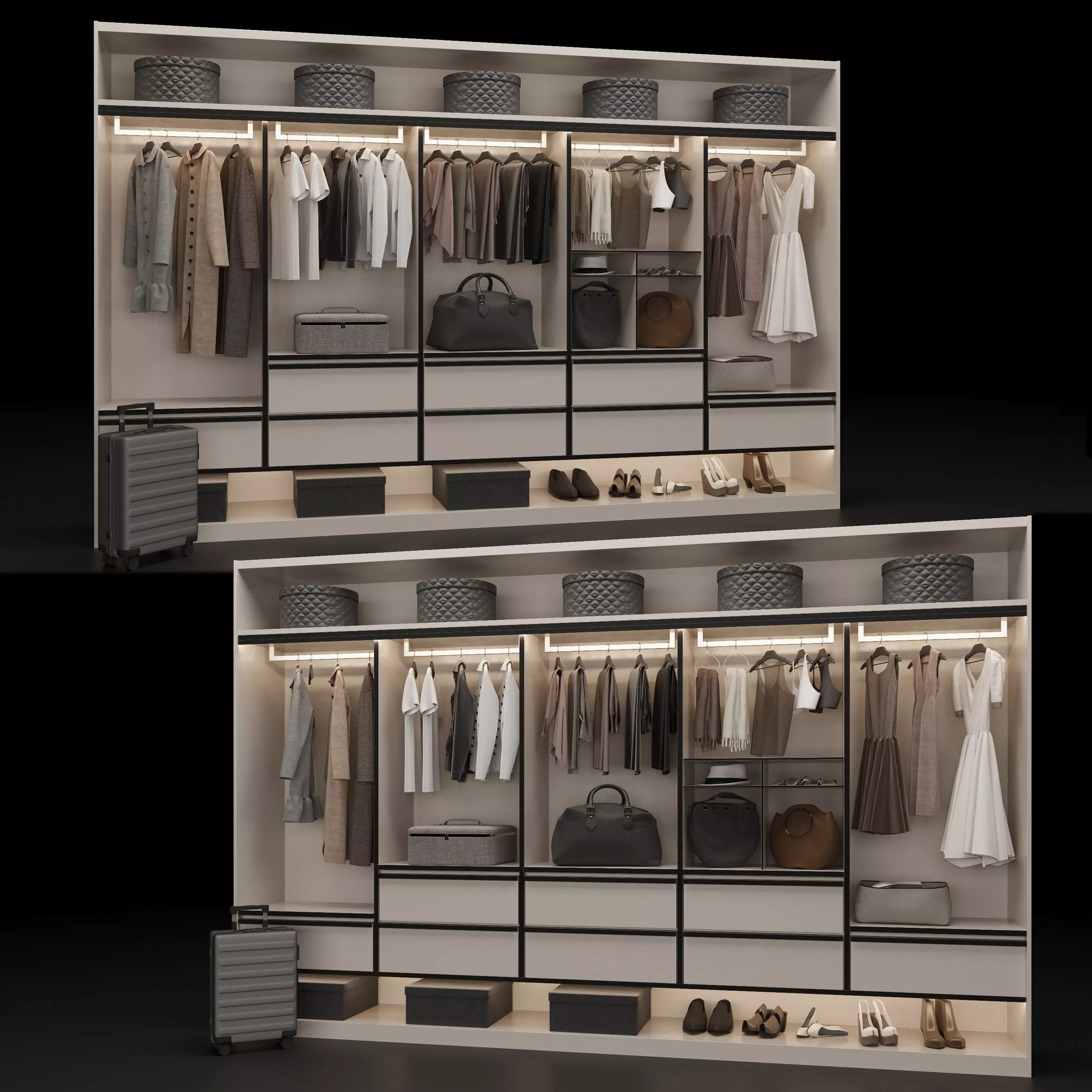 Wardrobe closet with clothes and luggage 3D model_0