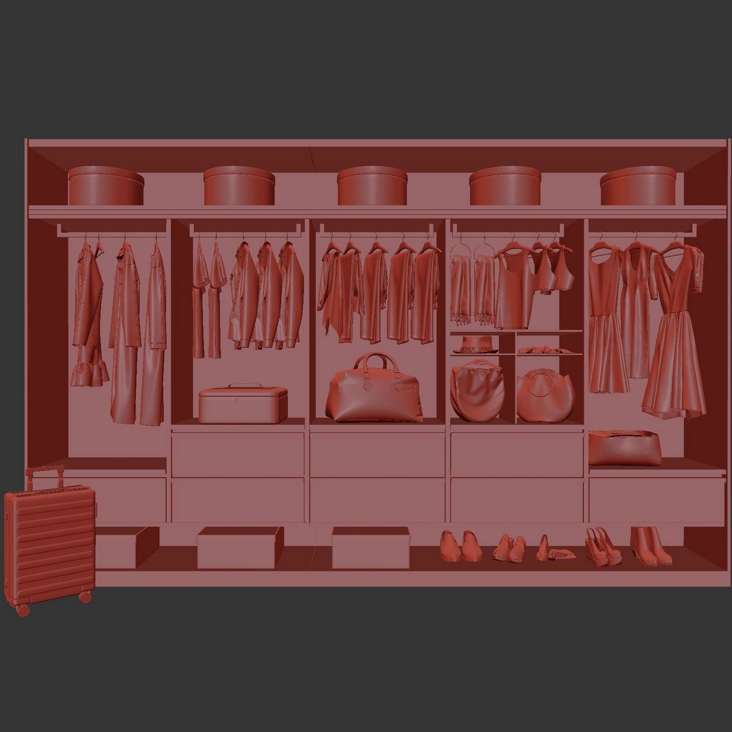 Wardrobe closet with clothes and luggage 3D model_3