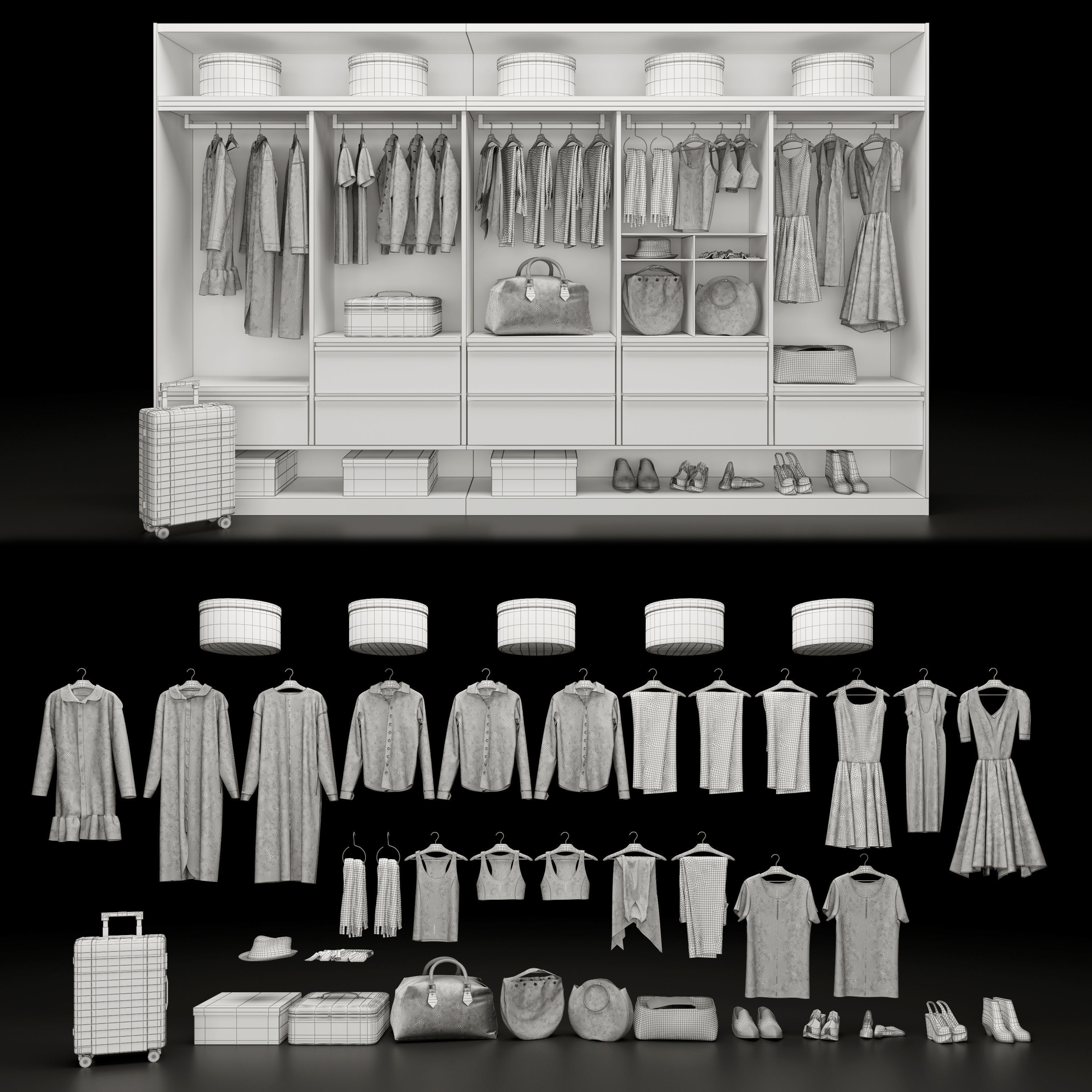 Wardrobe closet with clothes and luggage 3D model_4