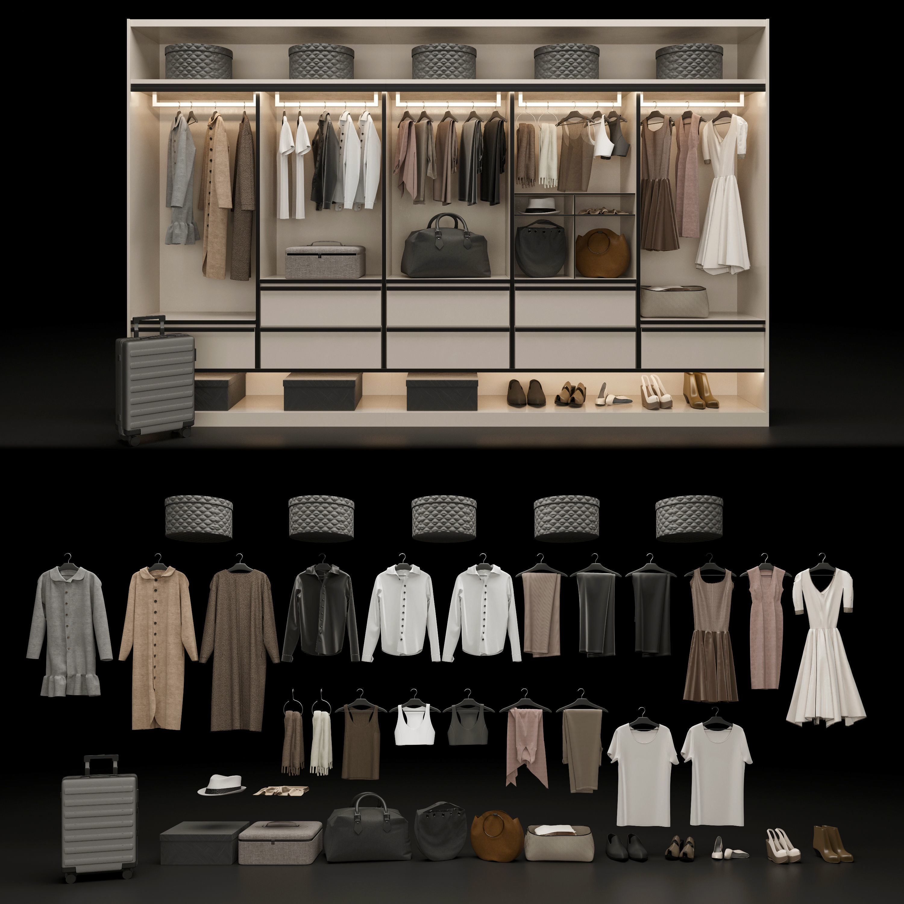 Wardrobe closet with clothes and luggage 3D model_2