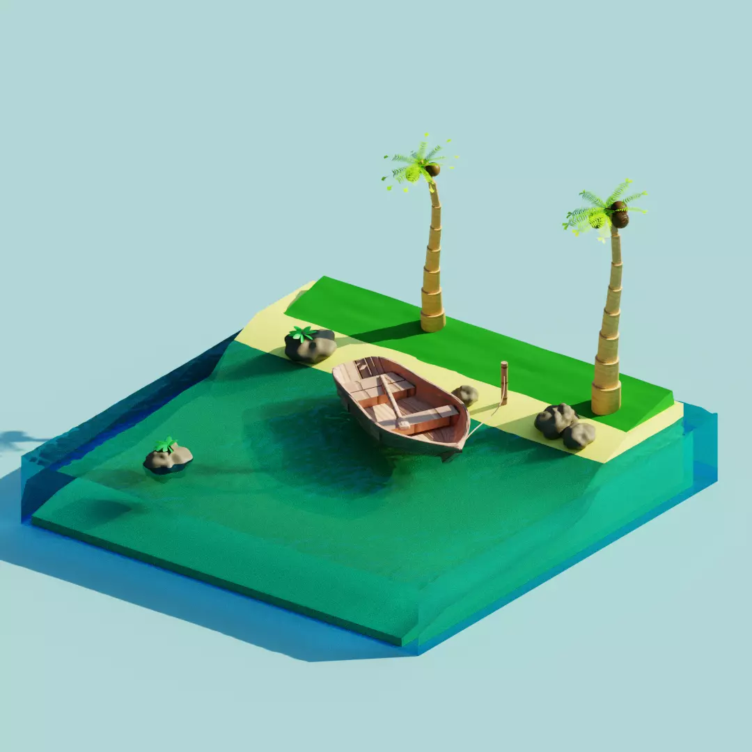 stylized ocean with boat and shore Free 3D print model
