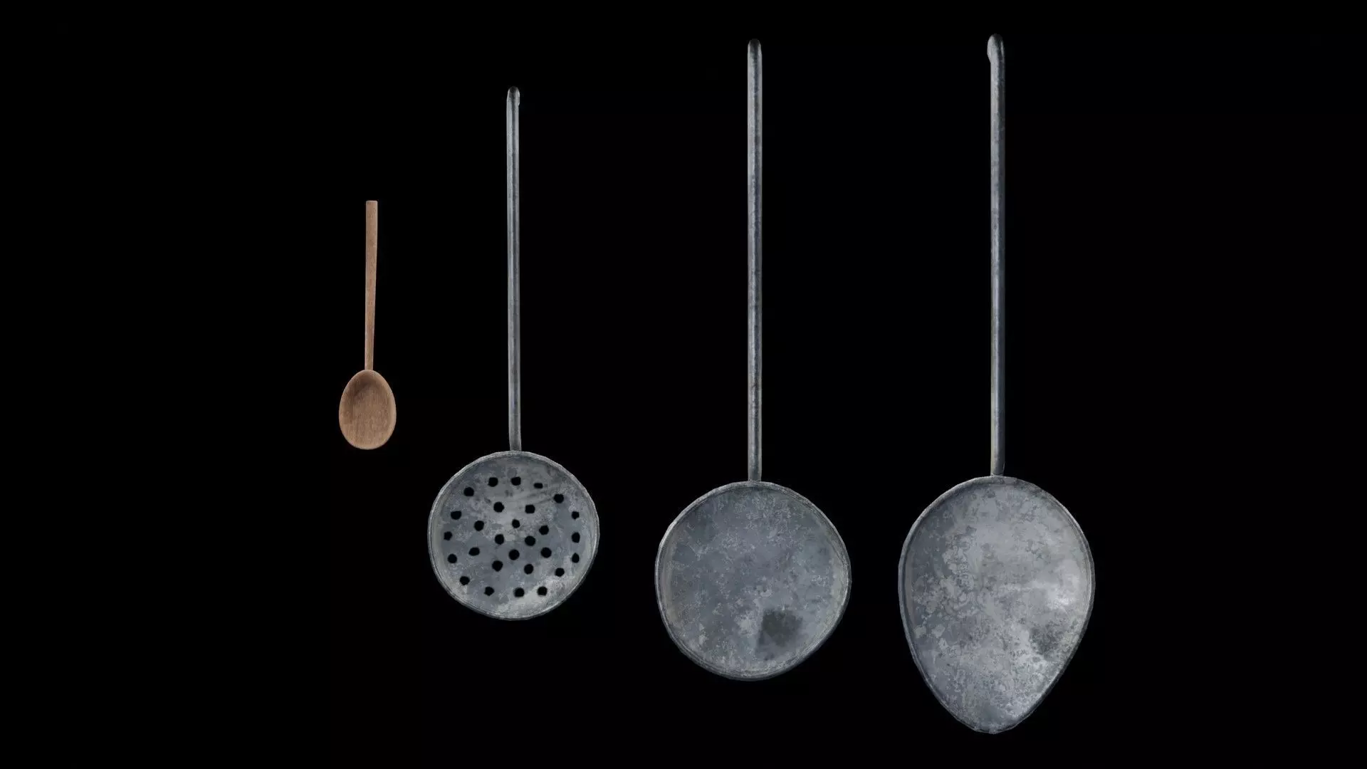 Medieval set of large spoons Low-poly 3D model_0