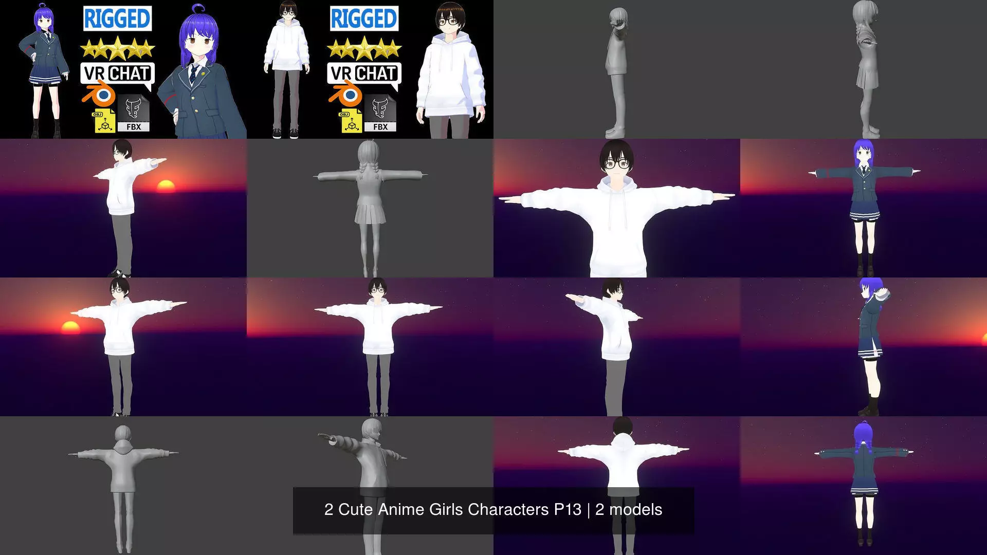 2 Cute Anime Girls Characters P13 3D Model Collection_1