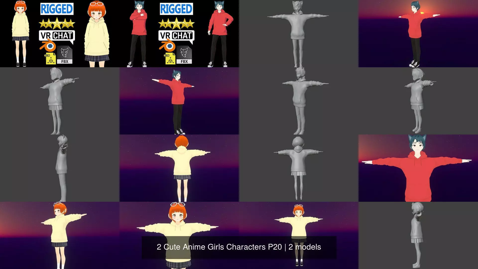 2 Cute Anime Girls Characters P20 3D Model Collection_1