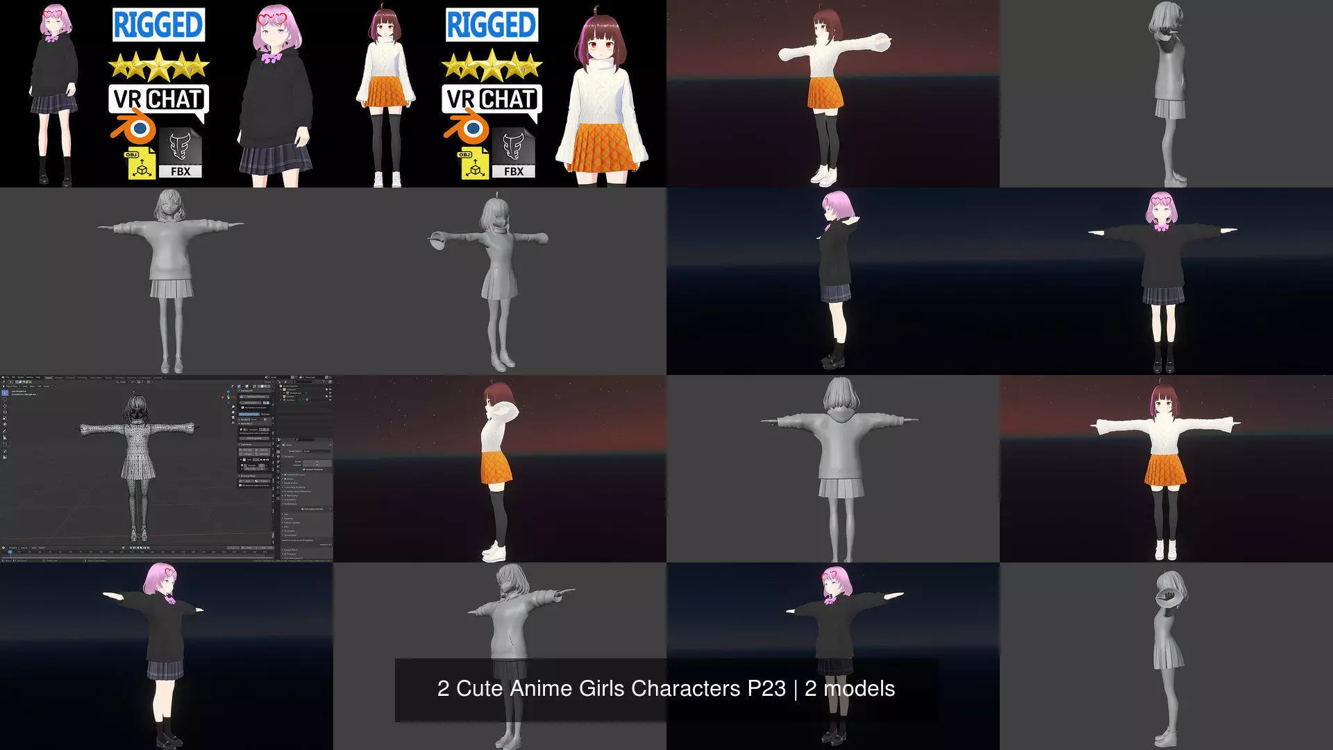 2 Cute Anime Girls Characters P23 3D Model Collection_1