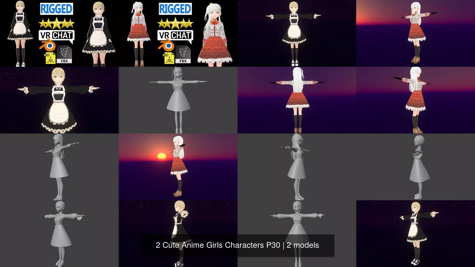 2 Cute Anime Girls Characters P30 3D Model Collection_1