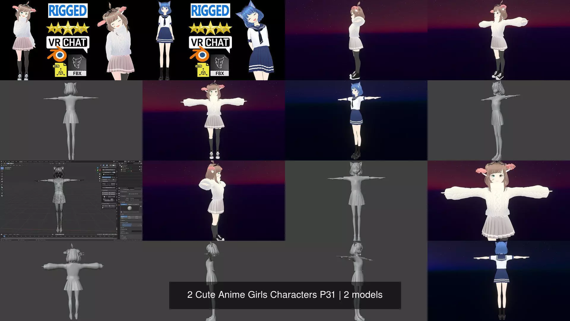 2 Cute Anime Girls Characters P31 3D Model Collection_1