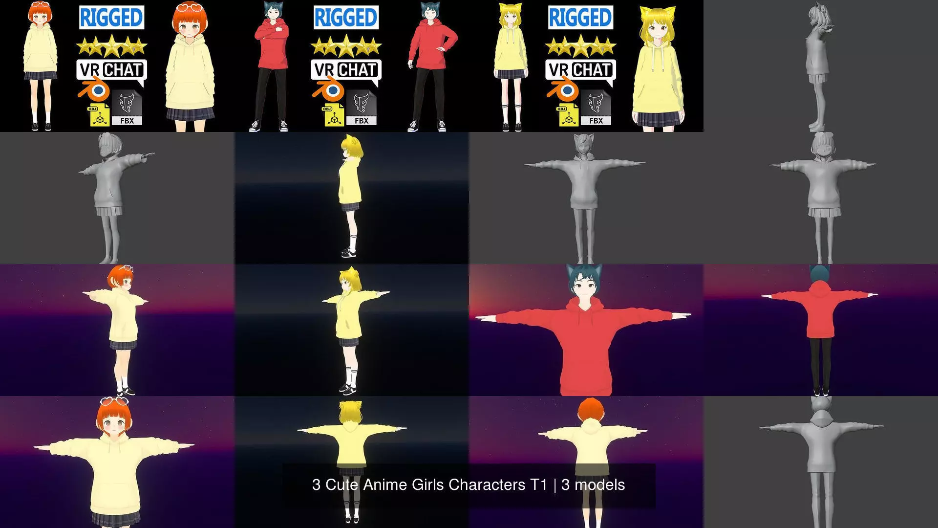 3 Cute Anime Girls Characters T1 3D Model Collection_1