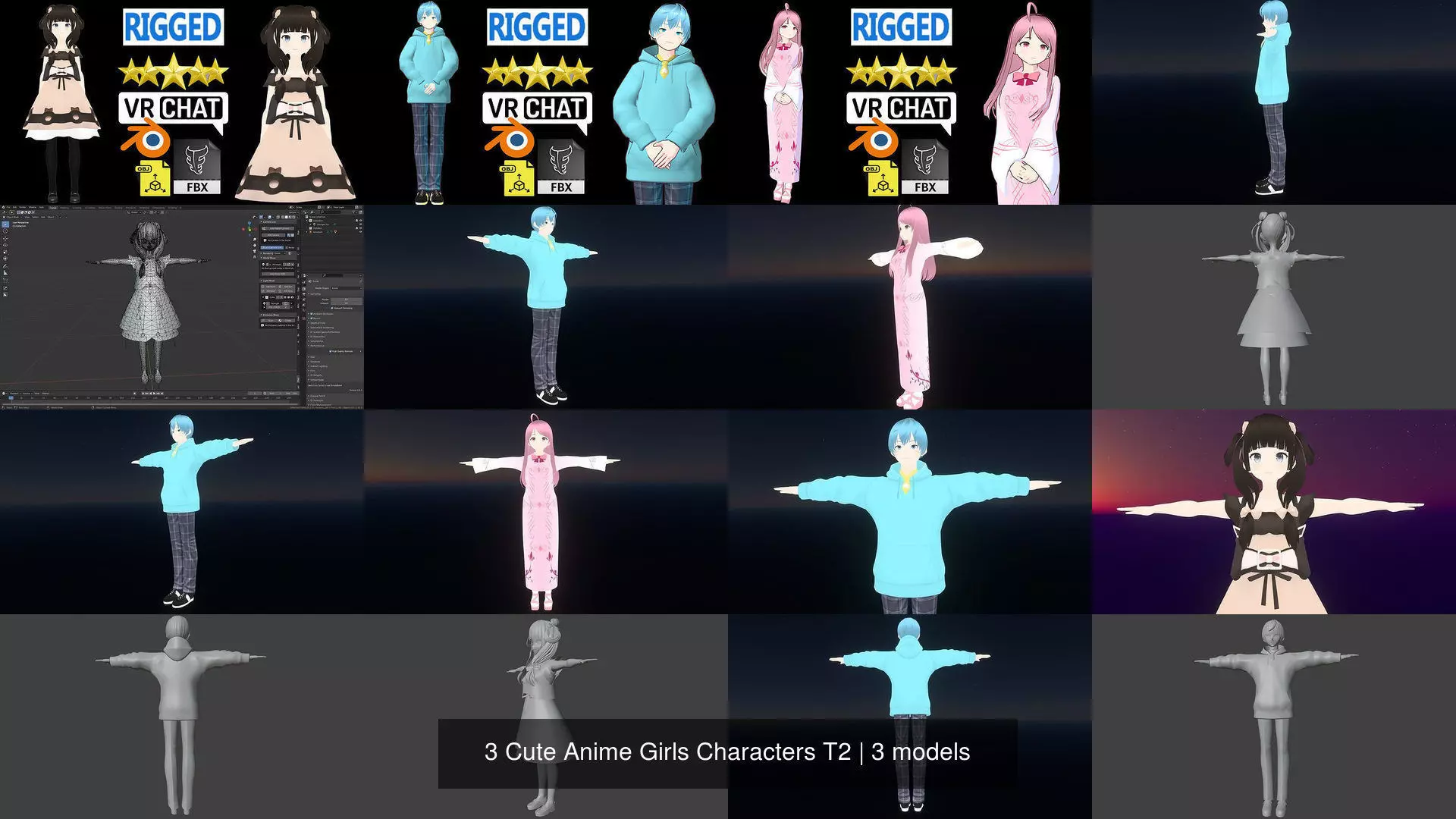 3 Cute Anime Girls Characters T2 3D Model Collection_1