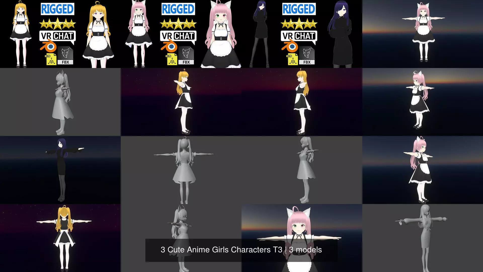 3 Cute Anime Girls Characters T3 3D Model Collection_1