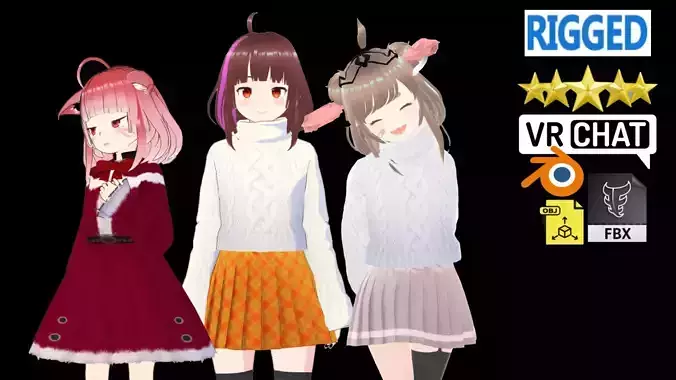 3 Cute Anime Girls Characters T4 3D Model Collection 3 Cute Anime Girls Characters T4 3D Model Collection