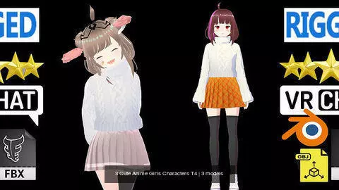 3 Cute Anime Girls Characters T4 3D Model Collection_1