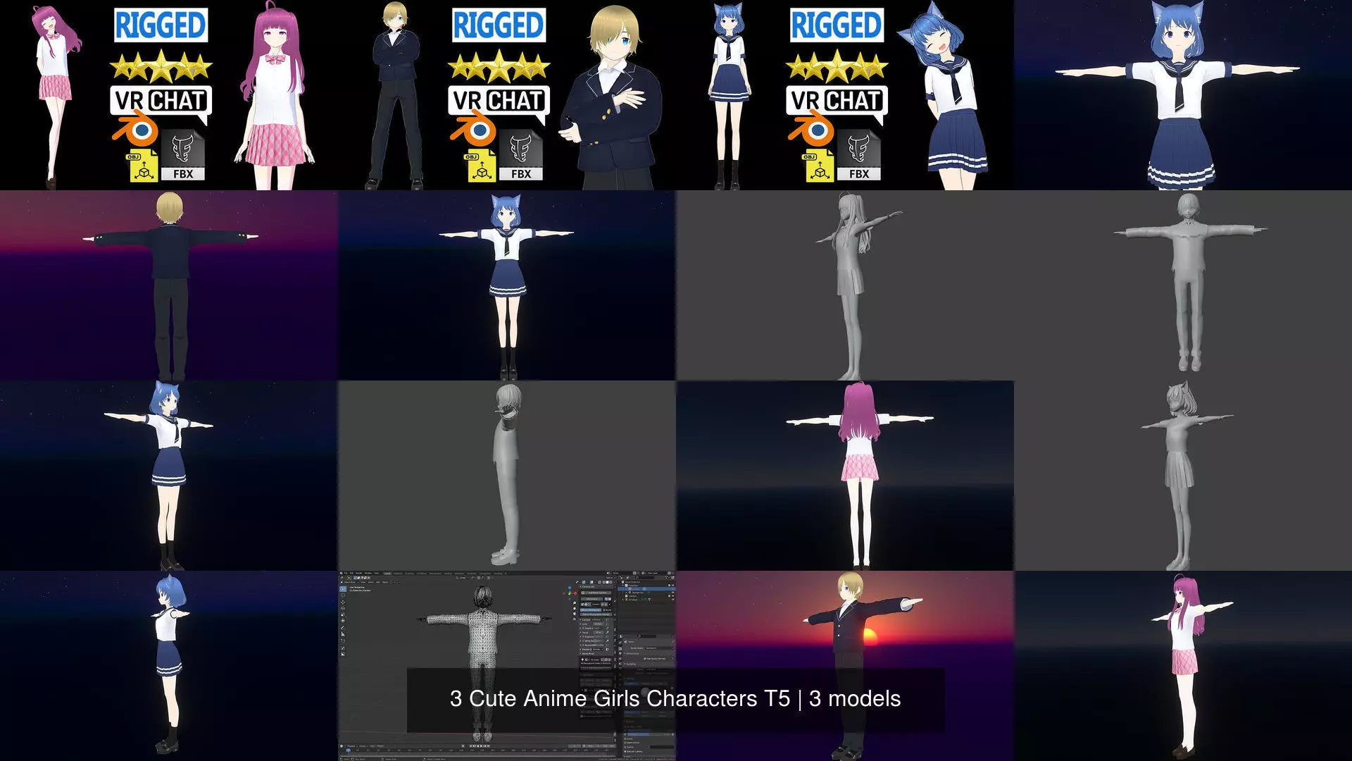 3 Cute Anime Girls Characters T5 3D Model Collection_1