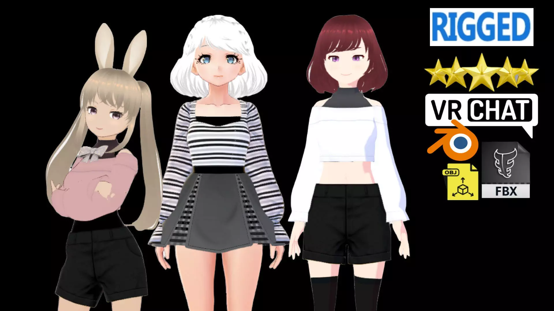 3 Cute Anime Girls Characters T6 3D Model Collection_0