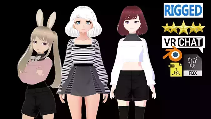 3 Cute Anime Girls Characters T6 3D Model Collection 3 Cute Anime Girls Characters T6 3D Model Collection