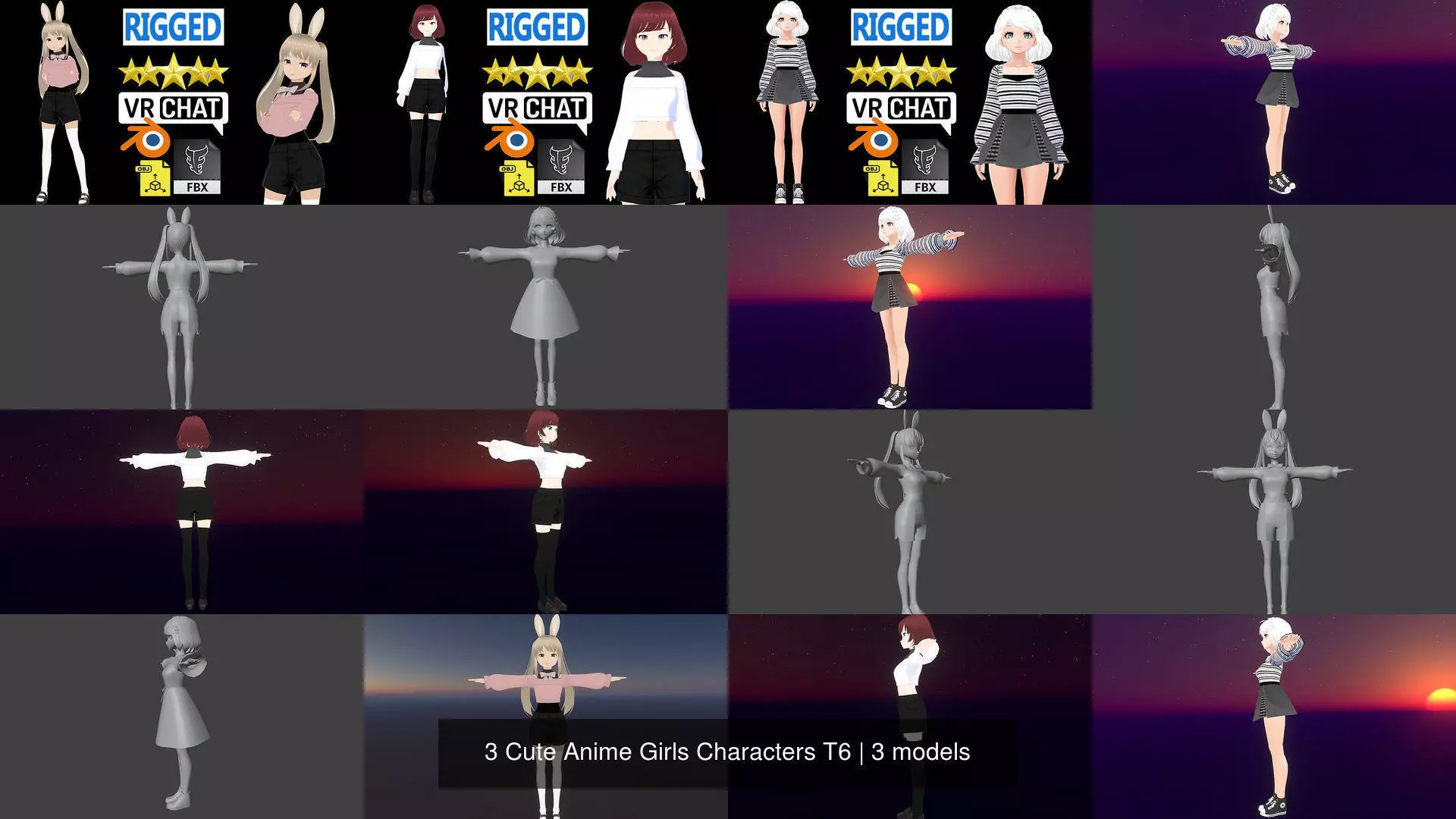 3 Cute Anime Girls Characters T6 3D Model Collection_1