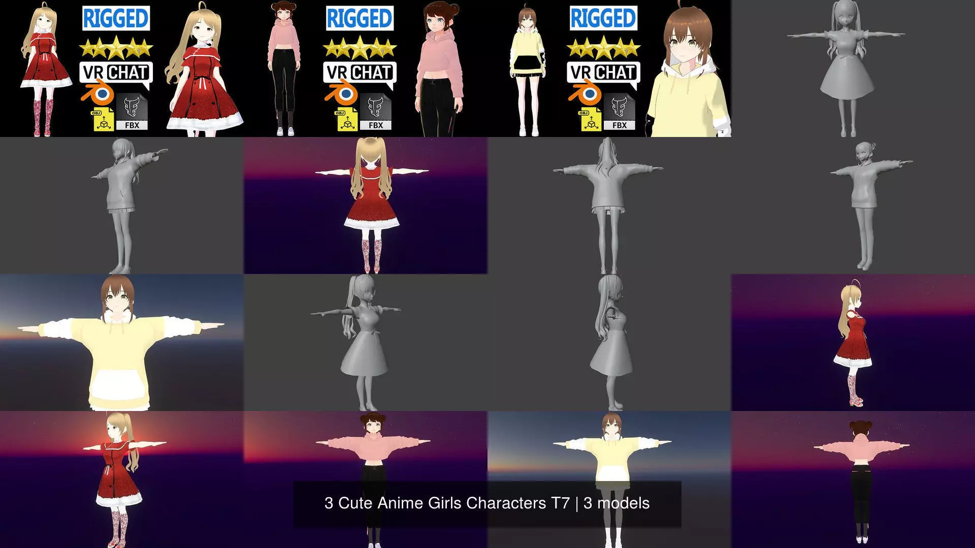 3 Cute Anime Girls Characters T7 3D Model Collection_1