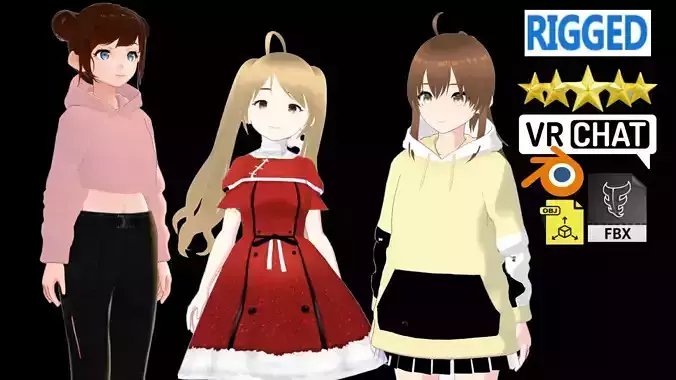 3 Cute Anime Girls Characters T7 3D Model Collection 3 Cute Anime Girls Characters T7 3D Model Collection