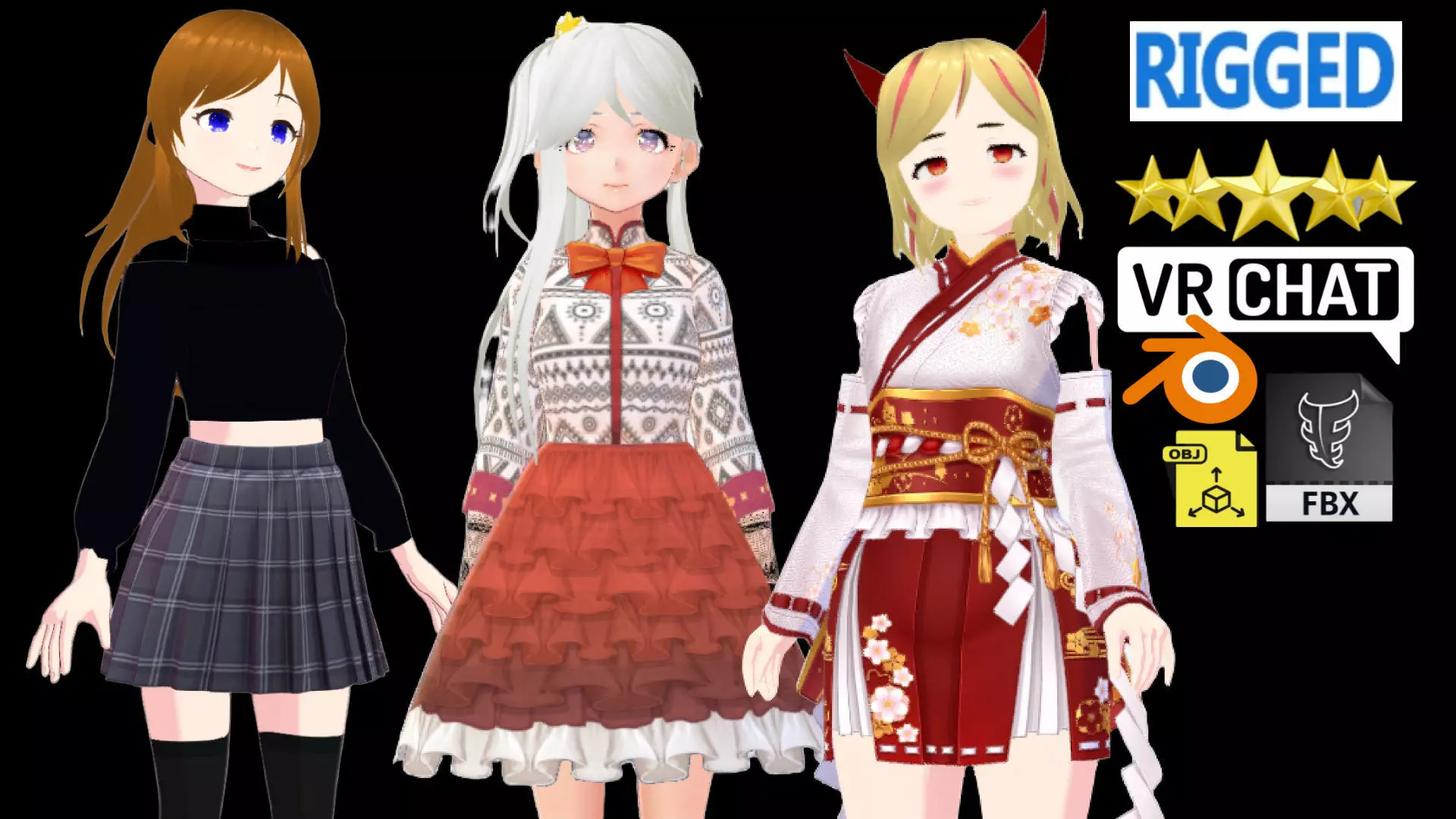 3 Cute Anime Girls Characters T8 3D Model Collection_0