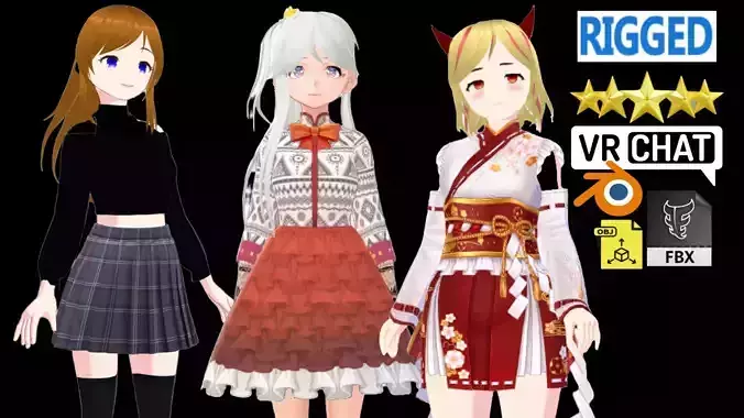 3 Cute Anime Girls Characters T8 3D Model Collection 3 Cute Anime Girls Characters T8 3D Model Collection