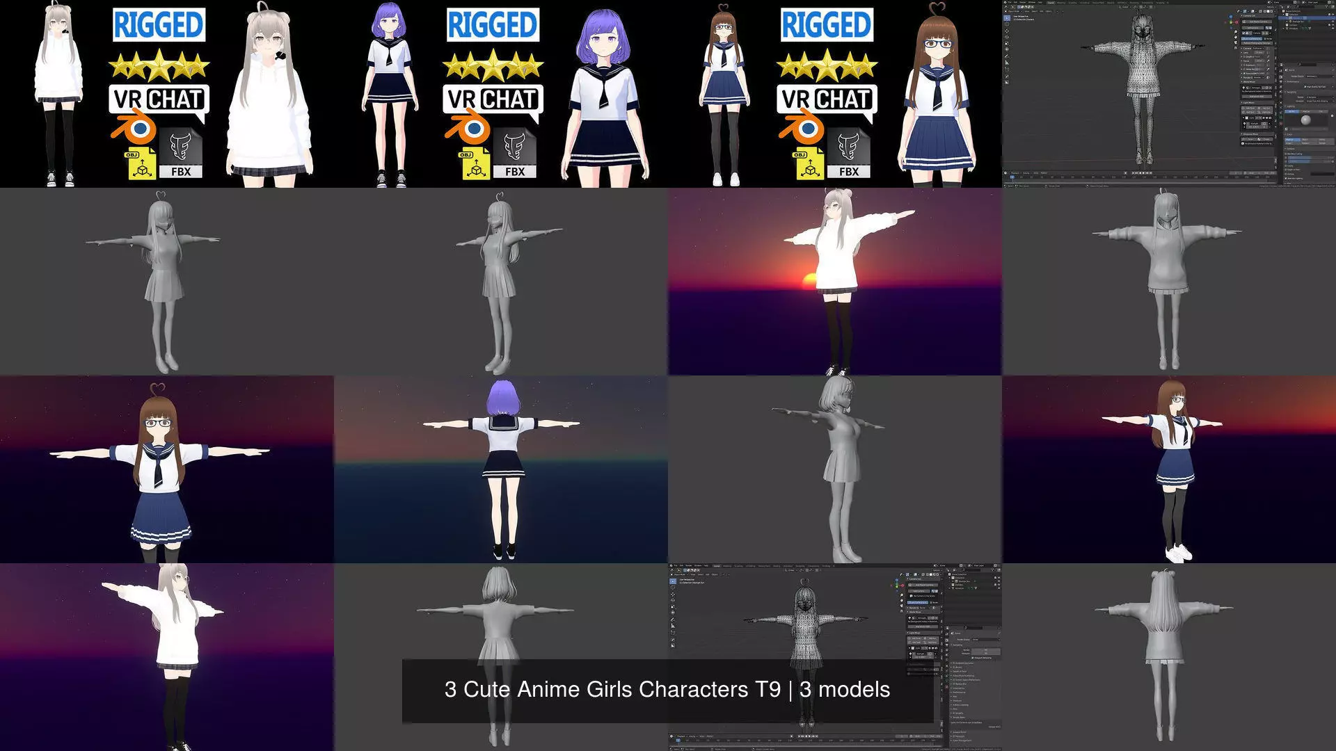3 Cute Anime Girls Characters T9 3D Model Collection_1
