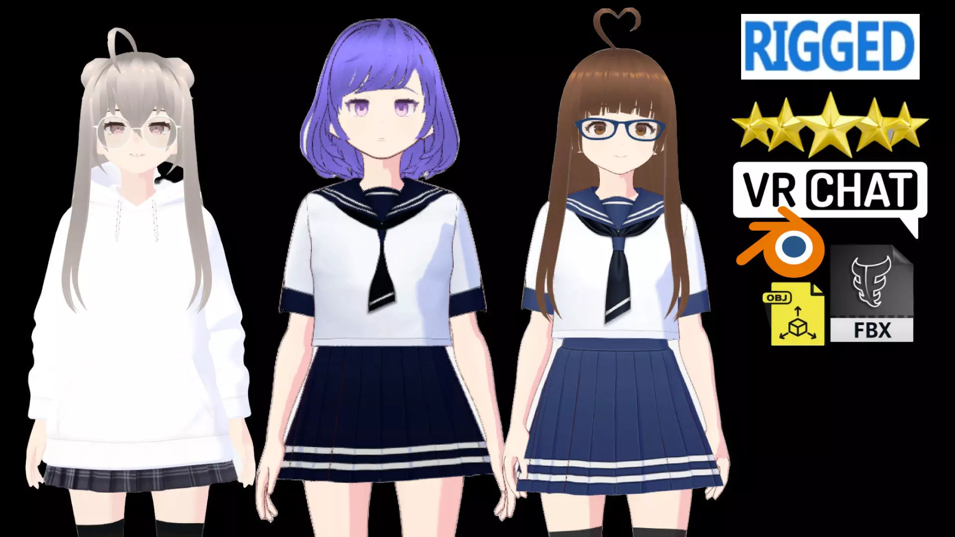 3 Cute Anime Girls Characters T9 3D Model Collection_0