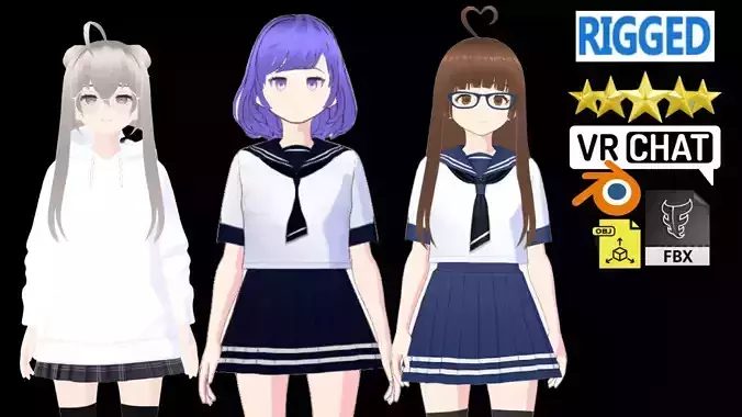 3 Cute Anime Girls Characters T9 3D Model Collection