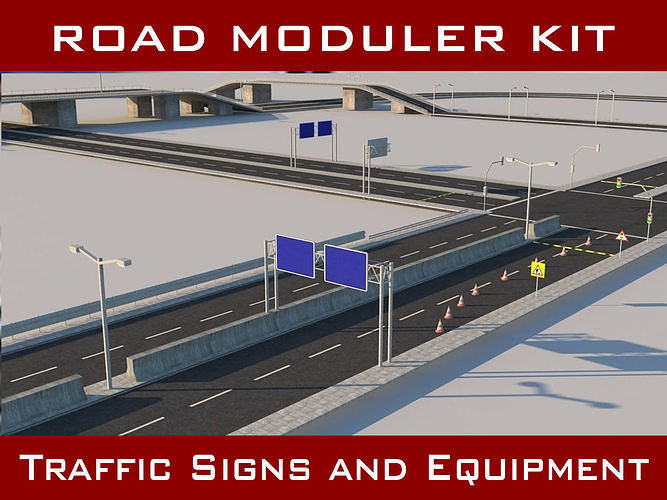 Street Roads Modular Kit Signs and Traffic Lights Low-poly 3D model