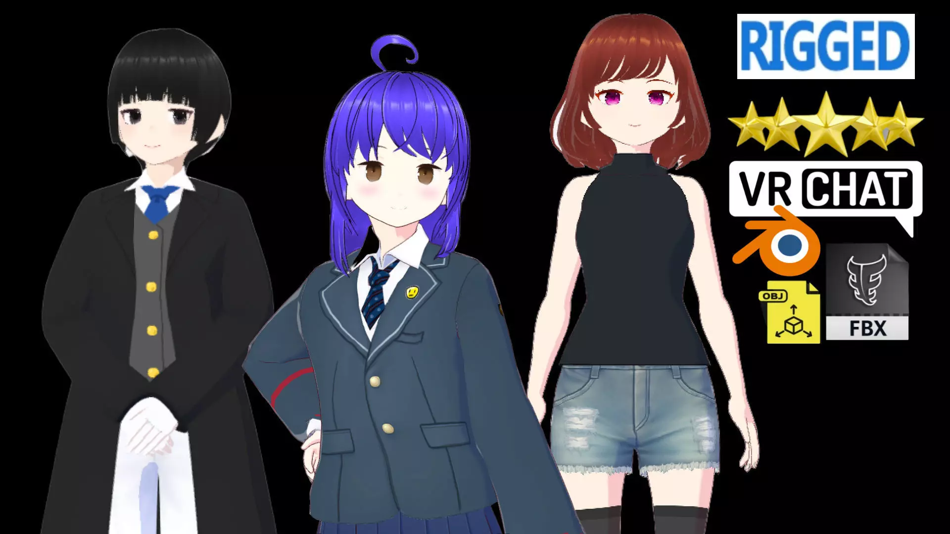 3 Cute Anime Girls Characters T10 3D Model Collection_0