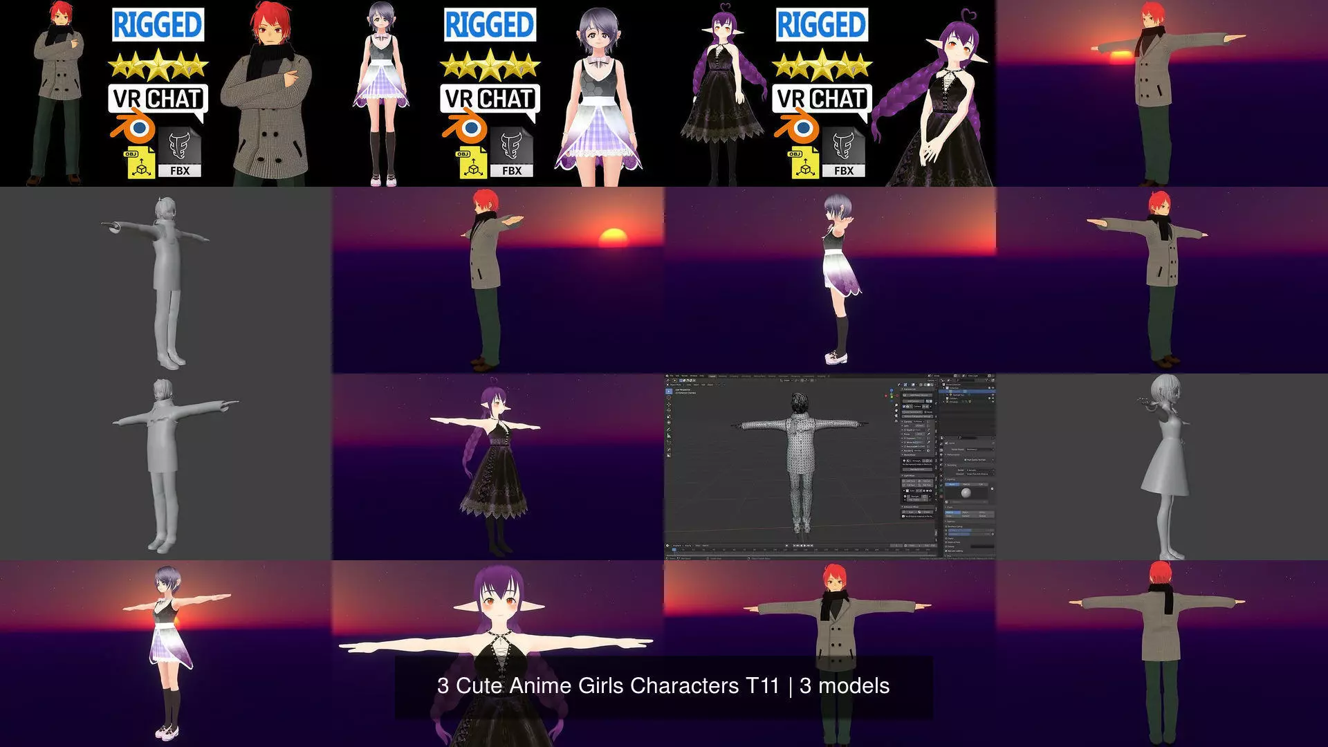 3 Cute Anime Girls Characters T11 3D Model Collection_1