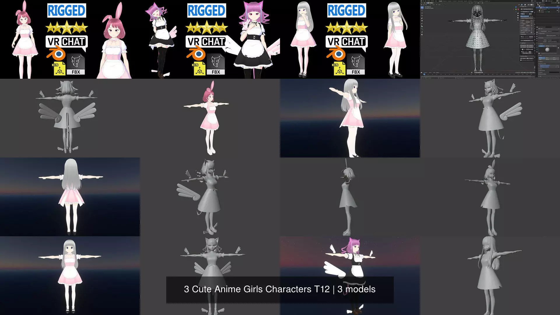 3 Cute Anime Girls Characters T12 3D Model Collection_1