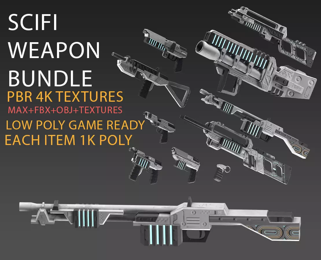 low poly game ready PBR SciFi weapon bundle Low-poly 3D model_0