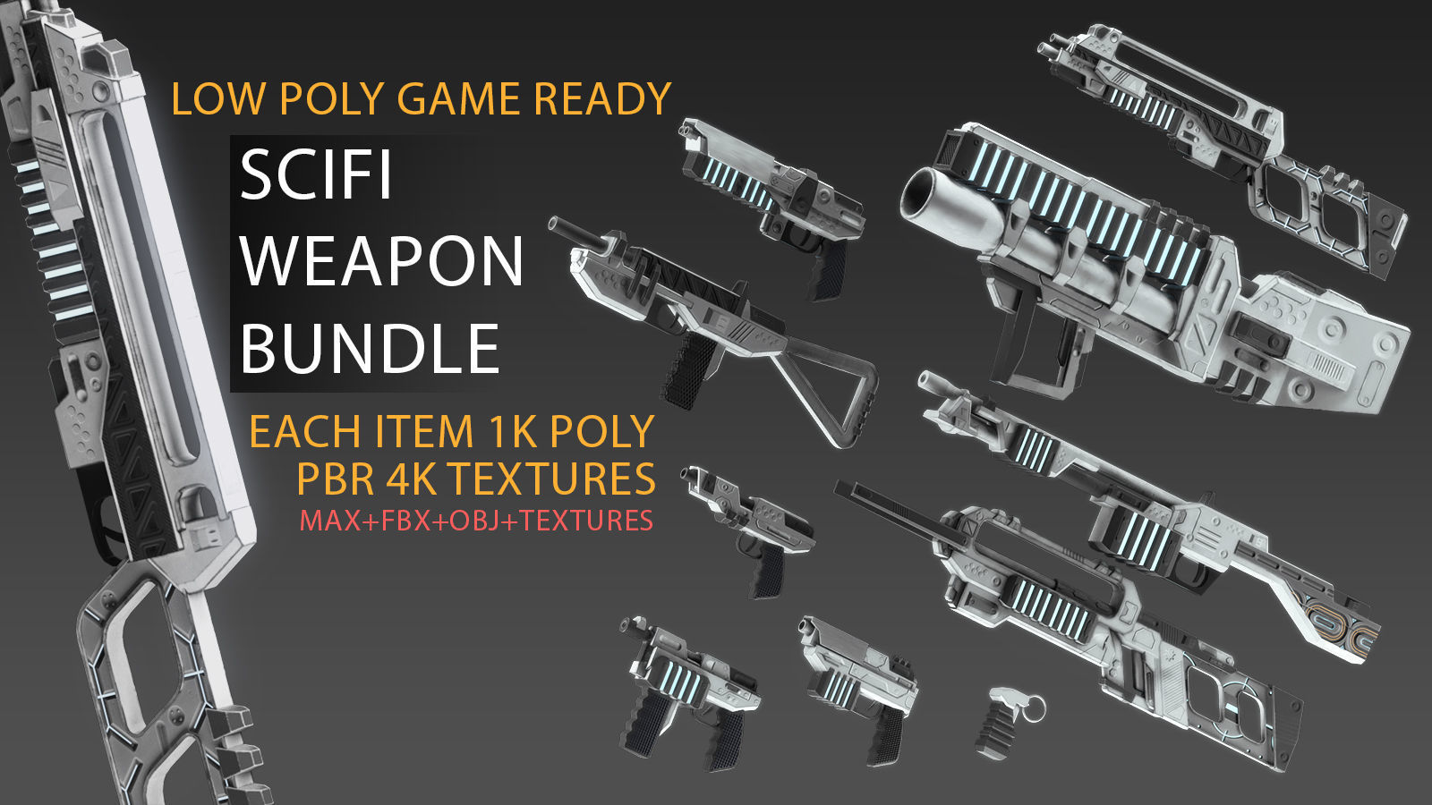 low poly game ready PBR SciFi weapon bundle Low-poly 3D model_1