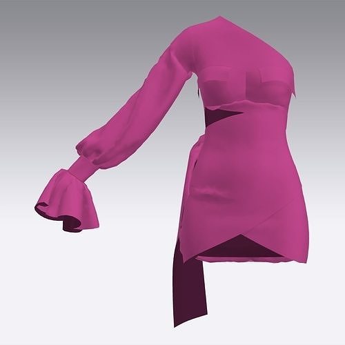 DRESS ONE SHOLDER PINK RUFFLED PAELED LOOK 3D model | CGTrader