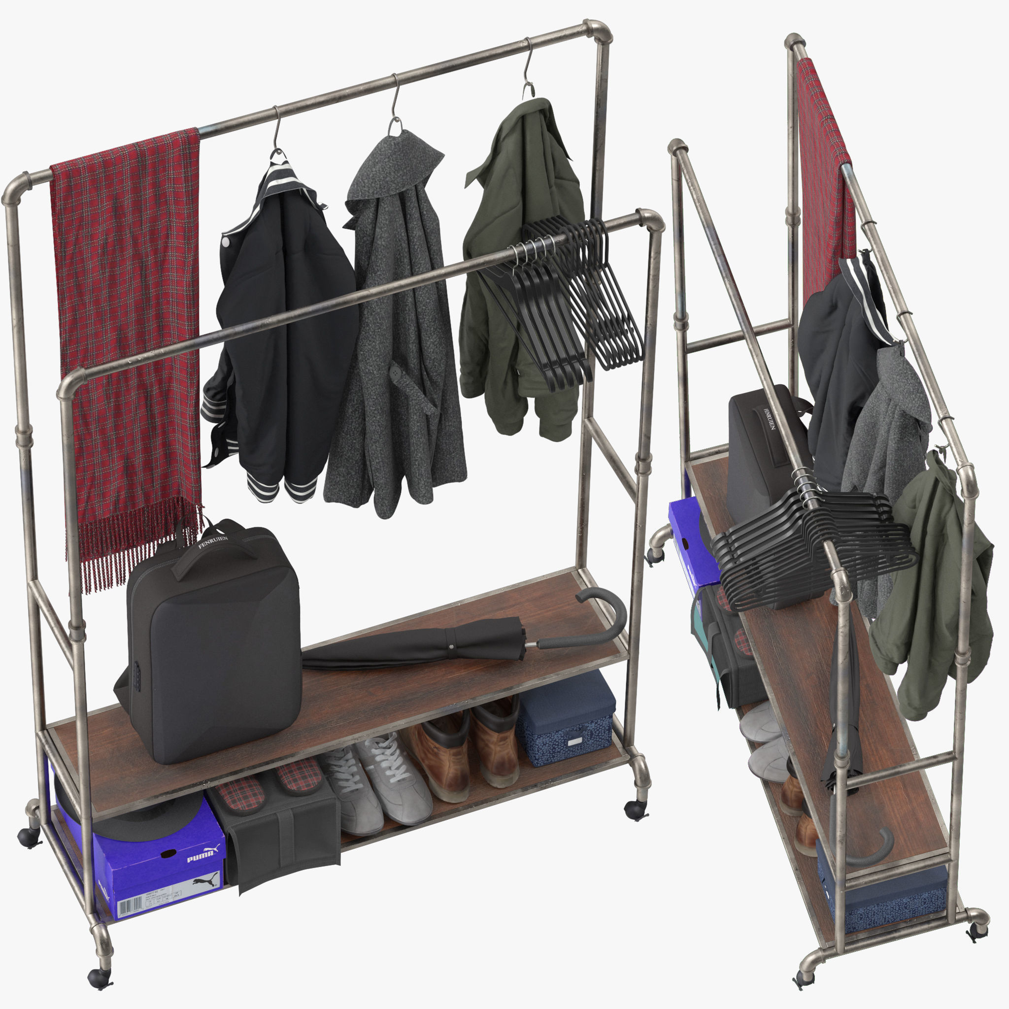 Homissue Industrial Pipe Double Rail Hall Tree 3D model_3