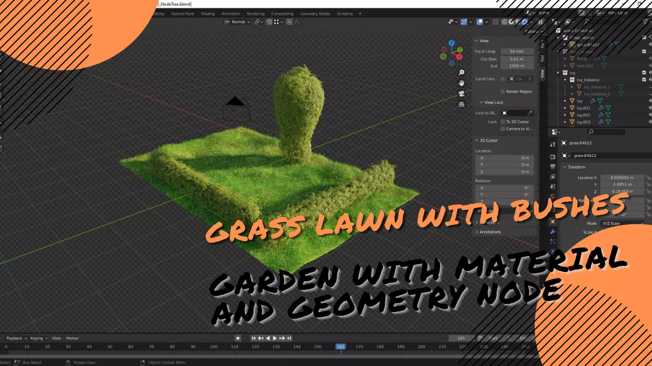 Grass lawn with bushes Low-poly 3D model