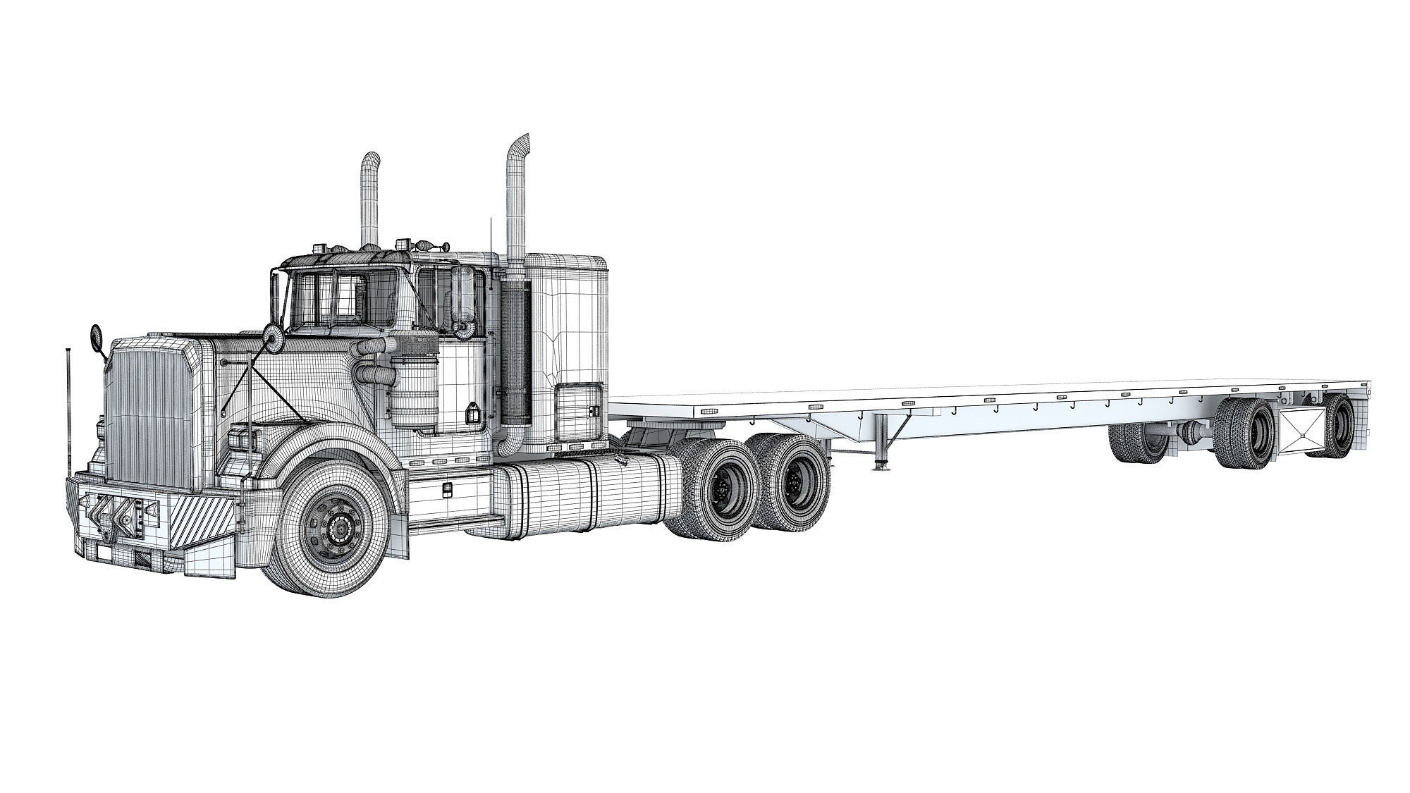 Semi Truck with Flatbed Trailer 3D model_18